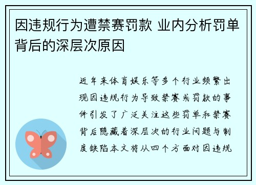因违规行为遭禁赛罚款 业内分析罚单背后的深层次原因